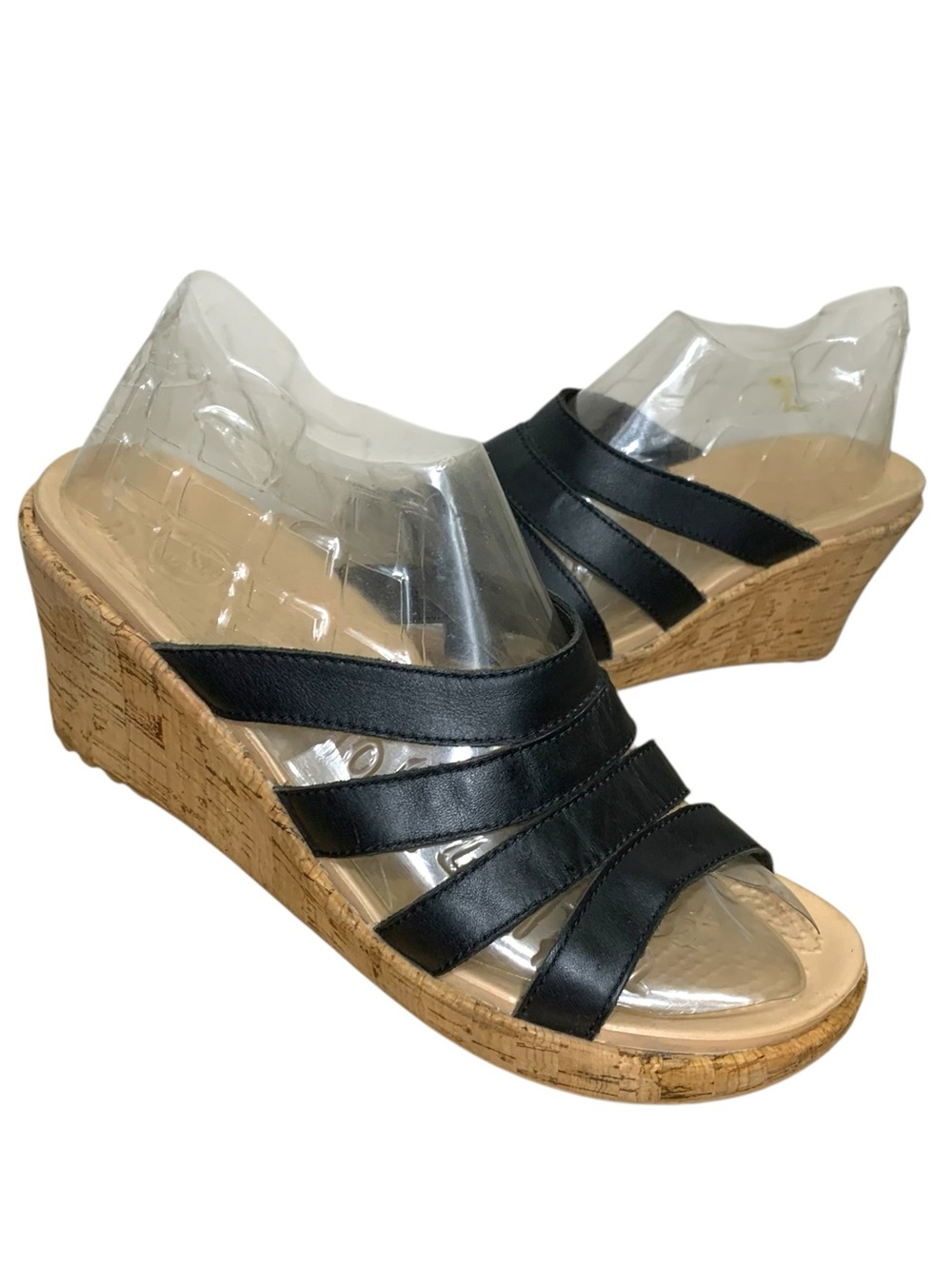 CROCS Black Leather Strappy Cork Wedge Sandals Sz 8 Comfort Lightweight Slide